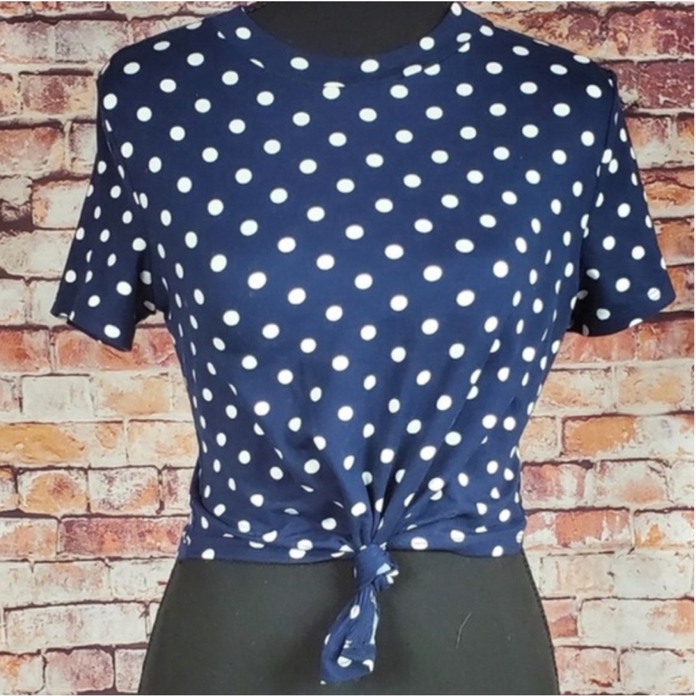 Iris Top Iris Blue and White polka dot Short Sleeve tie front cropped Women’s XS